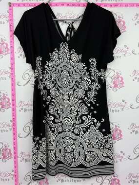 KATIE dress tshirt Brand Black V-Neck Tunic with White Ornate Print